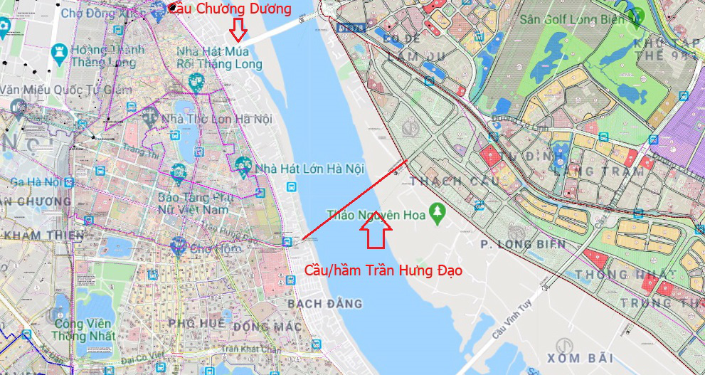 Bản đồ vị trí cầu Trần Hưng Đạo trên sông Hồng