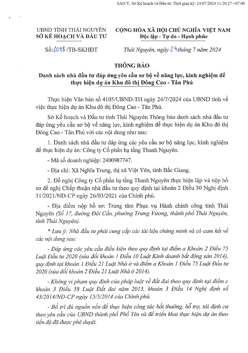 Dự án Khu đô thị Đông Cao - Tân Phú với tổng mức đầu tư hơn 946 tỷ đồng